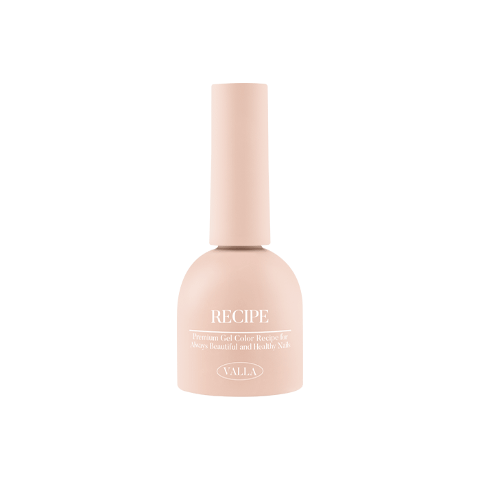 A close-up image of a light pink gel nail polish bottle from the VALLA Solid 100 Non-Wipe Color Collection, prominently featuring the brand name "RECIPE" on the bottle. The minimalist, sleek design showcases the quality and attention to detail of this high-end nail polish collection, offering a versatile range of carefully curated colors for a smooth, vivid, and long-lasting manicure experience.