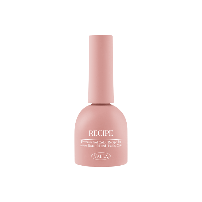 Detailed image of a pink gel polish bottle from the VALLA Solid 100 Non-Wipe Color Collection, featuring the brand name and product title "RECIPE" on the label. This premium quality gel polish offers a smooth, vivid and one-coat coverage for a long-lasting, non-wipe finish.