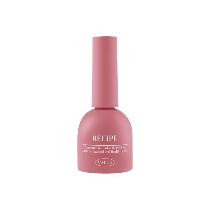 A vibrant, solid gel polish bottle in a soft, muted pink shade. The bottle features the VALLA brand name and the product name "RECIPE", indicating this is part of their color collection. The bottle has a sleek, minimalist design with a long, cylindrical shape, showcasing the high-quality, non-wipe formulation of the gel polish.