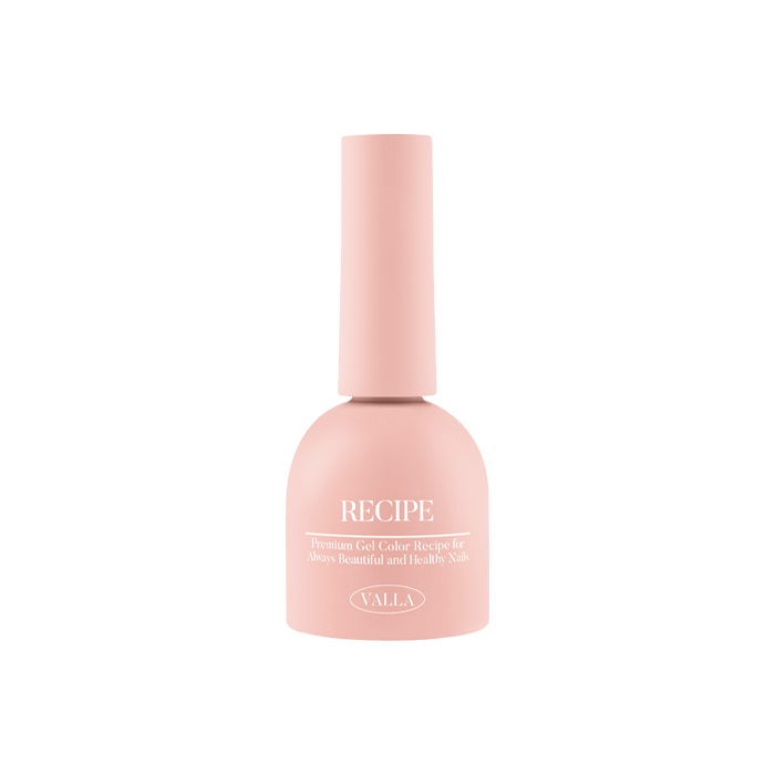 Elaborative alt text: A single gel bottle from the VALLA Solid 100 Non-Wipe Color Collection, featuring a pale pink bottle with the brand name "VALLA" and the product name "RECIPE" prominently displayed. The bottle has a minimalist and sleek design, highlighting the high-quality, carefully curated colors of this gel polish collection. This image showcases the brand's commitment to providing a smooth and vivid application with one-coat coverage, m