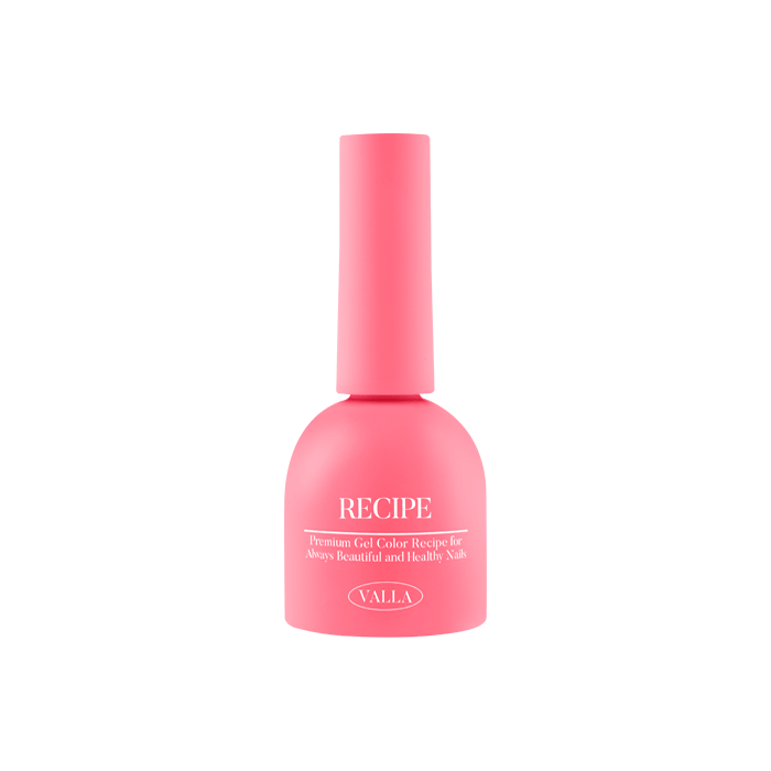 A vibrant, coral-pink colored bottle of VALLA's Solid 100 Non-Wipe Color Collection gel polish, showcasing a smooth and vivid application with one-coat coverage. The bottle prominently displays the VALLA brand name and the "RECIPE" product title, emphasizing the brand's commitment to carefully crafted and high-quality gel nail polish formulations.