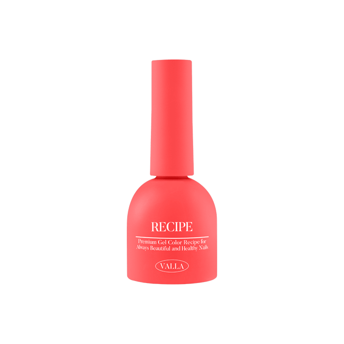 A vibrant and eye-catching image of a single bottle from the VALLA Solid 100 Non-Wipe Color Collection, showcasing the bold and vivid color of the gel polish. The bottle features the brand name "VALLA" prominently displayed, along with the product name "RECIPE" in an elegant cursive font. The deep, rich red tone of the polish is the focal point, highlighting the smooth and non-wipe finish that the product is designed to provide.