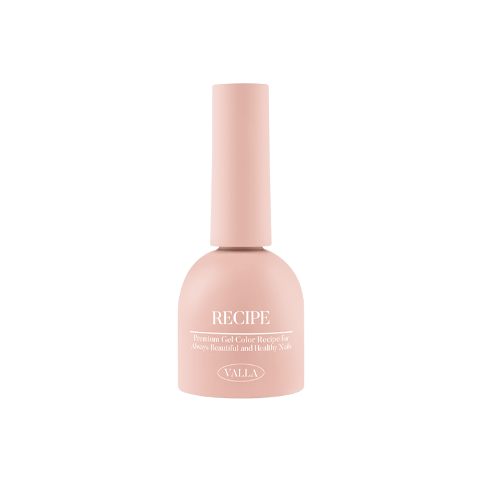 VALLA Solid 100 Non-Wipe Color Collection (Single Gels) - A close-up image of a pale pink bottle of VALLA's gel polish, showcasing the brand's signature minimalist and refined aesthetic. The bottle prominently displays the "RECIPE" label, highlighting the carefully crafted formula and colors within the 100-piece collection. The smooth, vivid, and one-coat application of this non-wipe gel polish is emphasized, catering to the needs of discerning n