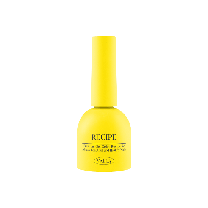 A bright yellow bottle of VALLA's Solid 100 Non-Wipe Color Collection gel polish, showcasing the premium and vibrant quality of the brand's extensive 100-color palette. The bottle prominently displays the "RECIPE" product name, highlighting the carefully crafted formula for a smooth and long-lasting gel manicure.