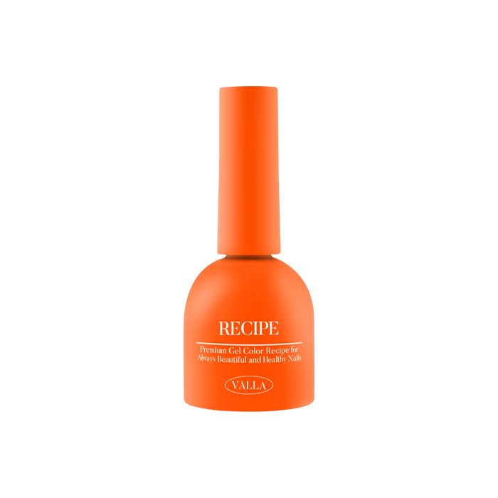 A visually striking, vibrant orange bottle of VALLA's Solid 100 Non-Wipe Color Collection gel polish, featuring the "RECIPE" branding. The polish bottle showcases a smooth, uniform color and a sleek, minimalist design, promising a rich, non-wipe finish in a carefully curated range of 100 shades for discerning customers.