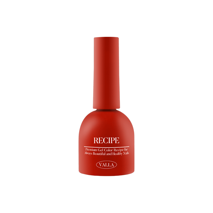 An image of a red gel nail polish bottle from the VALLA Solid 100 Non-Wipe Color Collection. The bottle has a sleek and modern design, with the VALLA brand name prominently displayed. The product's name, "Recipe", is also clearly visible on the bottle. This high-quality gel polish promises a vibrant and long-lasting color with a smooth, non-wipe finish, making it an ideal choice for nail care enthusiasts seeking a professional-looking manicure.