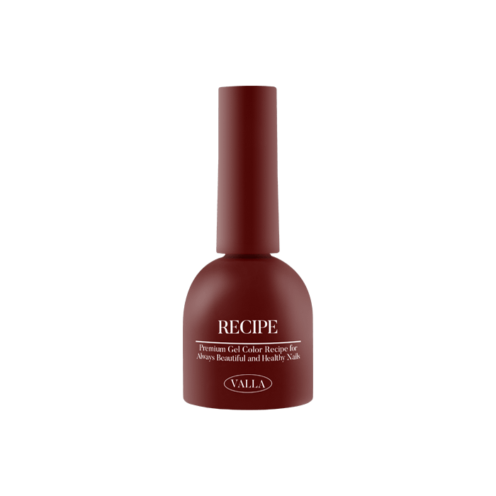 A single bottle of VALLA's Solid 100 Non-Wipe Color Collection, featuring a deep burgundy-red gel polish with a smooth, vivid application and one-coat coverage. This 10ml product is part of VALLA's extensive line of carefully curated, preorder-only gel polish colors.