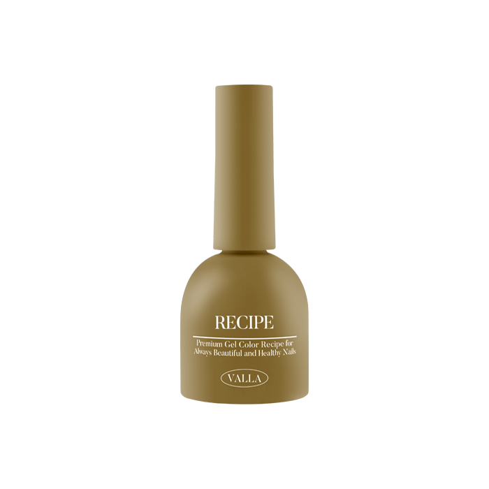 A bottle of VALLA Solid 100 Non-Wipe Color Collection (Single Gels) gel polish in a smooth, muted gold color, featuring the brand name and the product name "RECIPE" prominently displayed on the bottle. The gel polish is part of VALLA's extensive 100-color collection, offering a vivid, one-coat coverage and a non-wipe finish for a professional, long-lasting manicure.