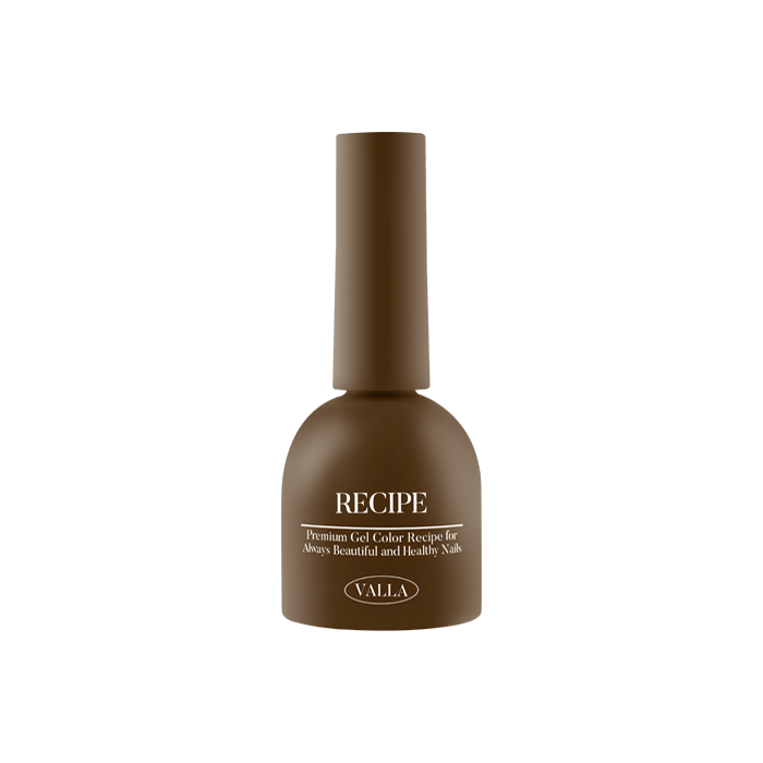 This image showcases a bottle of VALLA Solid 100 Non-Wipe Color Collection (Single Gels) gel polish. The bottle has a brown matte finish and features the "RECIPE" name prominently. The product is described as a 100-color solid gel polish collection with a smooth and vivid application in a single coat, providing a non-wipe finish. The bottle contains 10ml of the gel polish formula.