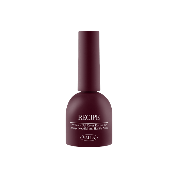 Detailed and vivid image of a burgundy-colored nail polish bottle with the VALLA Solid 100 Non-Wipe Color Collection (Single Gels) label. The bottle has a simple and minimalist design, showcasing the deep, rich hue of the nail polish. This high-quality, smooth, and non-wipe gel polish offers a wide range of carefully curated colors for a flawless, vibrant finish with just one coat.