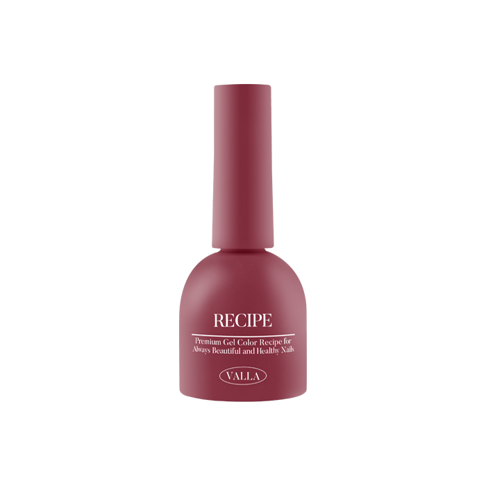 A solid, single-gel nail polish bottle in a bold, vibrant shade of maroon or burgundy. The bottle features the VALLA brand name and the "Recipe" product name, indicating a carefully curated, highly pigmented 100-color collection suitable for a smooth, non-wipe finish with full coverage in just one coat. The minimalist, modern design showcases the brand's commitment to high-quality, long-lasting nail care products.