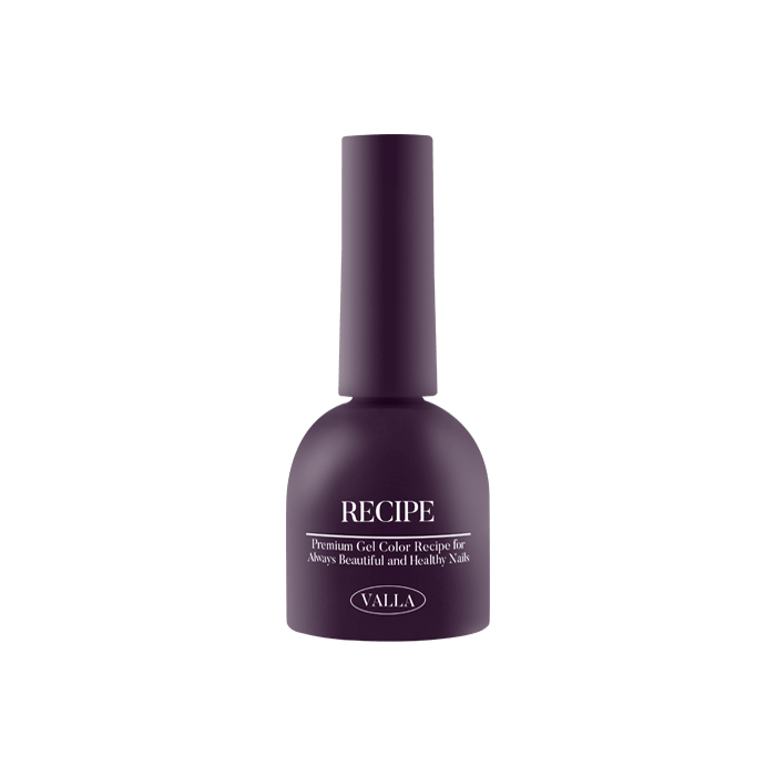 Elaborative alt text: A vibrant, matte purple nail polish bottle from the VALLA Solid 100 Non-Wipe Color Collection, featuring the brand name "RECIPE" prominently displayed on the bottle's label. The polish promises a long-lasting, one-coat coverage with a smooth and vivid application, making it an ideal choice for those seeking a high-quality, non-wipe nail care solution.