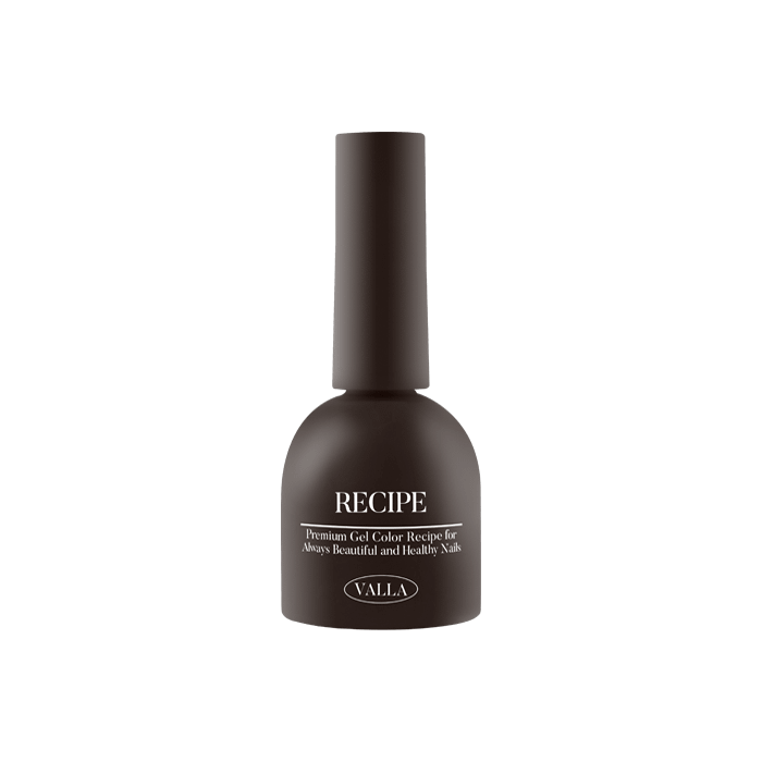 A bottle of VALLA Solid 100 Non-Wipe Color Collection (Single Gels) gel polish in a solid color, showcasing the brand's high-quality and vibrant nail polish formulation. The image highlights the product's sleek and modern design with a matte black finish, conveying a sense of sophistication and attention to detail.