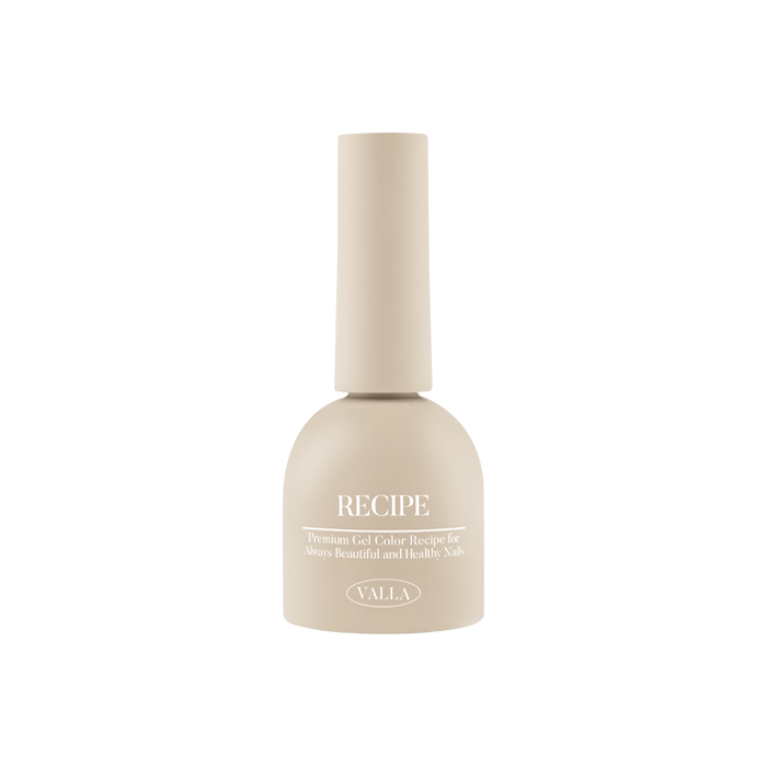 A single bottle of VALLA's Solid 100 Non-Wipe Color Collection, featuring a sophisticated, minimalist design in a soft, neutral tone. The bottle showcases the "RECIPE" label, highlighting the brand's attention to formulation and color development. This gel polish offers a smooth, vivid application with one-coat coverage and a durable, non-wipe finish, making it a versatile choice for VALLA brand enthusiasts.