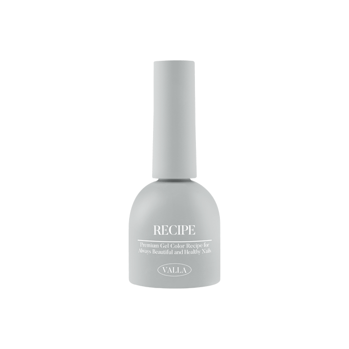 Detailed image of a white nail polish bottle labelled 'RECIPE' from the VALLA Solid 100 Non-Wipe Color Collection, showcasing the brand's carefully curated range of 100 vivid and smooth gel nail polish shades with one-coat coverage in a non-wipe finish.