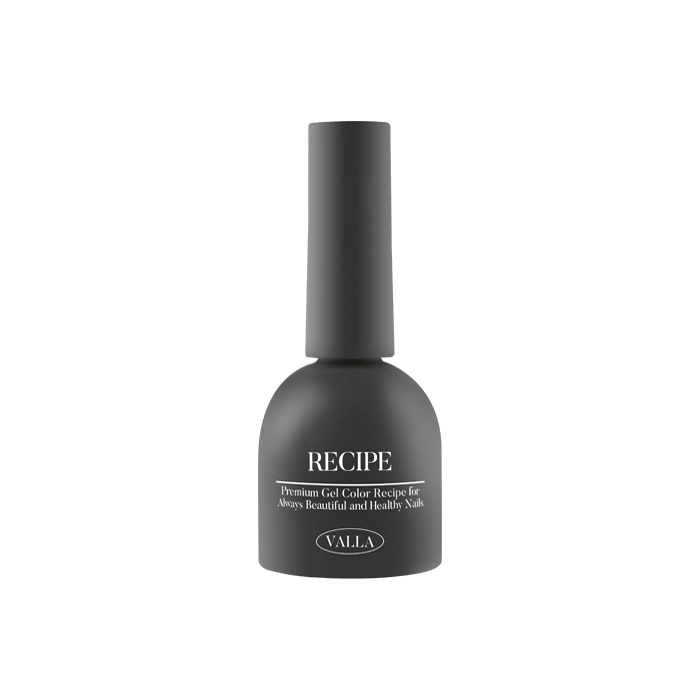 A single bottle of VALLA's solid gel polish from the 100 color collection, featuring a non-wipe, smooth, and vivid application with one coat coverage. The image showcases the sleek and minimal design of the product, highlighting the VALLA brand and the "RECIPE" label on the bottle.