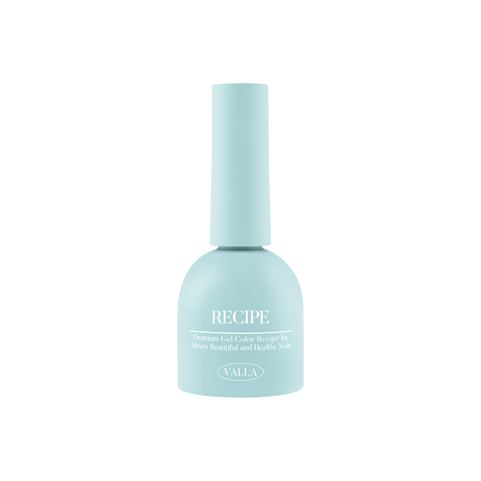 This long, elaborative alt text describes the product image of the VALLA Solid 100 Non-Wipe Color Collection (Single Gels): A light blue colored bottle with the VALLA brand name and "Recipe" written on the label. The bottle contains a non-wipe gel polish formulation from VALLA's carefully curated 100-color collection, offering a smooth and vivid one-coat application for a long-lasting, solid gel manicure.