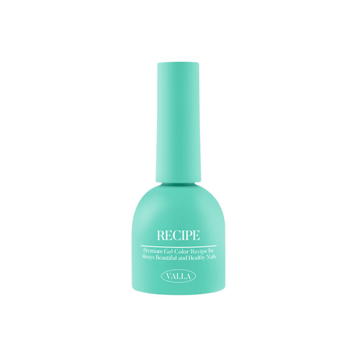 Vibrant and long-lasting VALLA Solid 100 Non-Wipe Color Collection (Single Gels) product. The bottle showcases a mint green, smooth and elegant design with the "RECIPE" label prominently displayed, highlighting the brand's focus on high-quality, non-wipe gel polish formulations. This image effectively conveys the product's essence of rich color payoff and durable, chip-resistant wear.