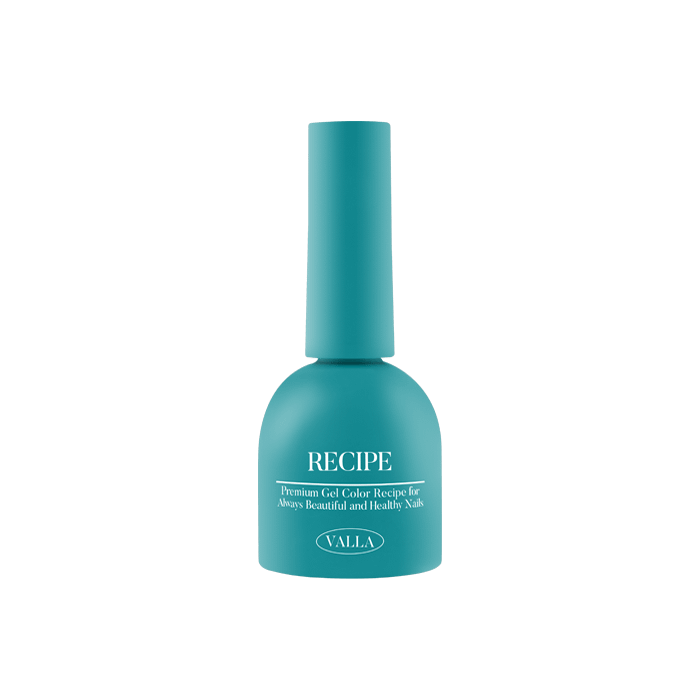 A vibrant teal-colored gel polish bottle labeled "RECIPE" from the VALLA Solid 100 Non-Wipe Color Collection, showcasing the brand's commitment to high-quality, vivid gel nail polish formulas that provide smooth, one-coat coverage and a non-wipe finish, offering versatile color options for nail enthusiasts.