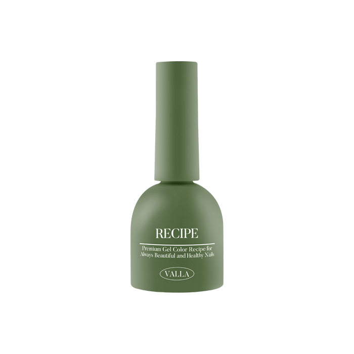 An image of a green nail polish bottle labeled 'RECIPE' from the VALLA Solid 100 Non-Wipe Color Collection (Single Gels), a premium gel color range featuring a carefully curated palette of 100 vivid and smooth shades with a non-wipe finish and one-coat coverage.