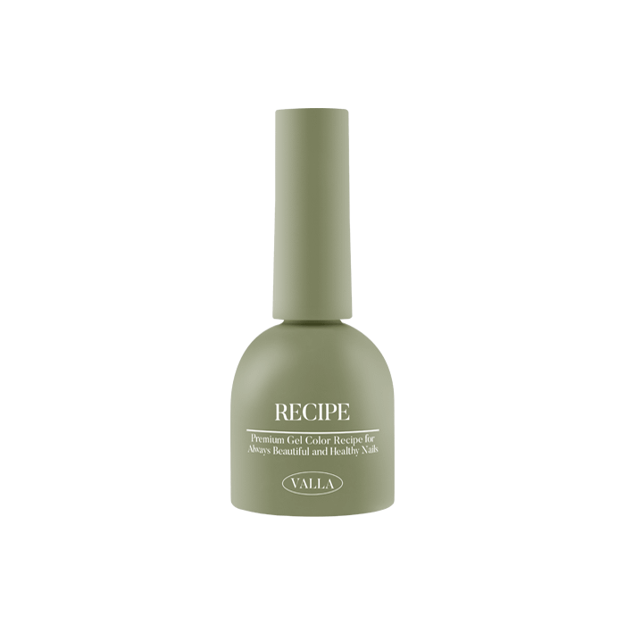 An image of a green nail polish bottle from the VALLA Solid 100 Non-Wipe Color Collection, featuring a long, cylindrical bottle with the brand name "RECIPE" prominently displayed. The bottle has a matte, minimalist design, conveying a sense of high-quality and sophisticated nail care products.