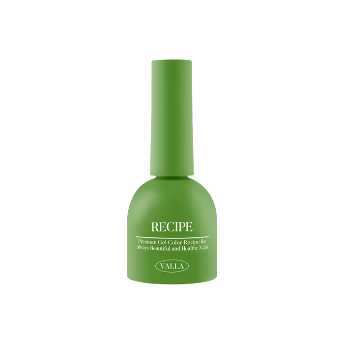 Vibrant green solid gel polish bottle with the VALLA brand name and "RECIPE" label, showcasing the product's vivid color and smooth non-wipe finish as described in the detailed product description. This gel polish collection features a wide range of carefully curated 100 colors, providing extensive options for beauty enthusiasts seeking high-quality, long-lasting nail polish solutions.