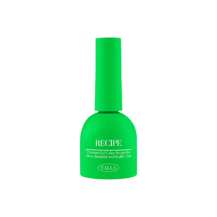 Vibrant green nail polish bottle with the label "RECIPE" prominently displayed, showcasing the extensive VALLA solid gel polish collection with 100 carefully curated colors for a smooth, non-wipe finish and vivid, one-coat coverage. The product description highlights its preorder-only availability, encouraging customers to contact the brand if the item appears sold out. This image effectively conveys the brand's commitment to high-quality, innova