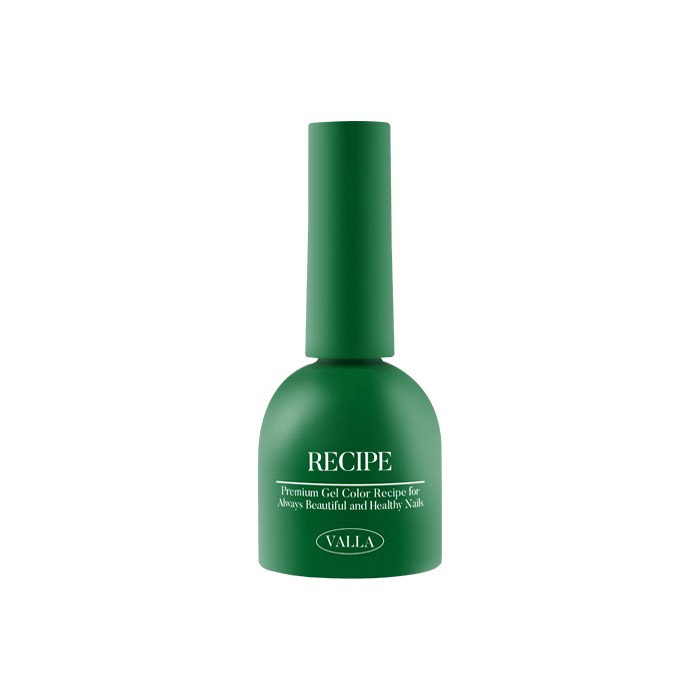 Vibrant green bottle showcasing VALLA's Solid 100 Non-Wipe Color Collection, with the product title "RECIPE" prominently displayed. This single gel polish boasts a smooth, vivid application with complete coverage in just one coat, offering a long-lasting, non-wipe finish from VALLA's carefully curated color palette.