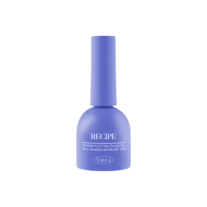 Vibrant purple-blue bottle of VALLA's Solid 100 Non-Wipe Color Collection gel polish, featuring the brand name and product description "Recipe" on the label. This premium gel lacquer offers a smooth, vivid, one-coat coverage for a long-lasting, high-shine manicure.