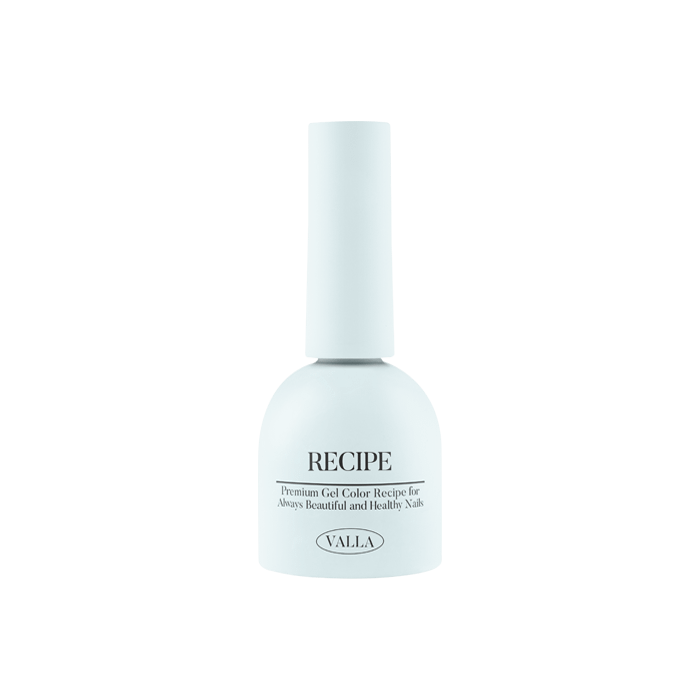 A single white bottle labeled "RECIPE" by the Valla brand, featuring a collection of 100 solid gel polish colors with a non-wipe finish, smooth and vivid application, and one-coat coverage. The volume of the collection is 100 x 10ml, offering a diverse range of carefully curated colors for nail care enthusiasts.