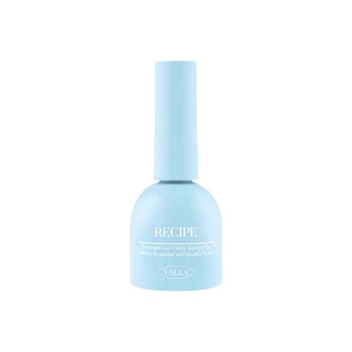 A vibrant pastel blue bottle showcases the VALLA brand name and "Recipe" label, hinting at the carefully crafted, non-wipe gel polish collection it contains. The sleek, minimalist design and solid color palette create an elegant and sophisticated visual aesthetic, reflecting the premium quality and attention to detail of the VALLA brand.