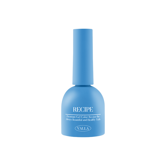 A close-up of a blue nail polish bottle from the VALLA Solid 100 Non-Wipe Color Collection. The bottle has a sleek, minimalist design with the brand name "VALLA" and the product name "RECIPE" prominently displayed. The color of the nail polish appears to be a cool-toned, pastel blue shade. The bottle conveys a sense of sophistication and quality, reflecting the brand's commitment to high-performance, non-wipe nail polish formulas.