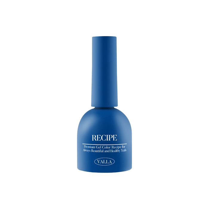 A vibrant and richly-pigmented blue gel polish bottle from the VALLA Solid 100 Non-Wipe Color Collection, featuring the brand name "RECIPE" prominently displayed on the label. The product is designed to deliver a smooth, vivid, and long-lasting one-coat coverage for a high-quality, non-wipe finish.