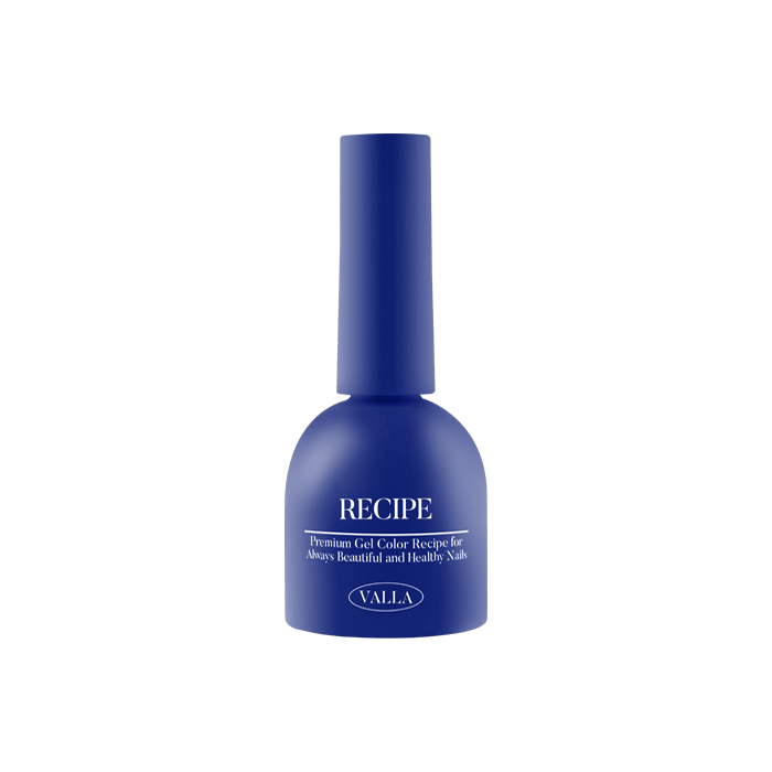 Vivid and vibrant gel polish bottle in a rich cobalt blue hue, showcasing the VALLA brand's 100-color solid gel polish collection. The bottle prominently displays the "RECIPE" product name, highlighting the carefully curated color palette designed for a smooth, non-wipe finish and one-coat coverage. This versatile gel polish offers a sophisticated and long-lasting solution for professional and at-home nail care enthusiasts seeking a premium VALLA