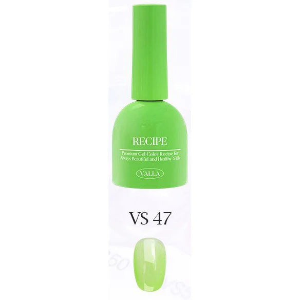 Vibrant neon green nail polish bottle from Valla's Summer Glow collection, showcasing the color VS47. The bottle features the brand name "RECIPE" and the product code "VS47" prominently displayed, highlighting the high-quality, gel-like formula that cures quickly under UV or LED light.