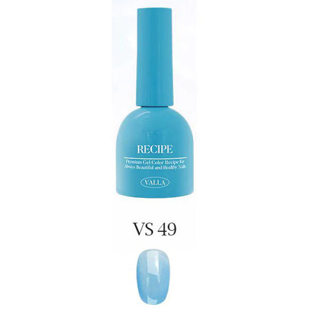 A vibrant, neon-blue Valla gel polish bottle from the Summer Glow collection, formulated to provide a long-lasting, glossy manicure that cures in 1-2 minutes under UV/LED light. The product image showcases the sleek, minimalist design and the color name "VS 49" printed on the label, highlighting the quality and innovation of the Valla brand.