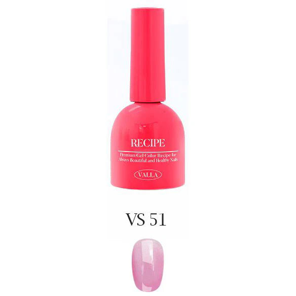 Elaborative alt text: A vibrant pink bottle of Valla's Summer Glow collection nail gel, labeled "Recipe" and "VS51". The gel is part of a set of 8 neon color syrups, curing in 1-2 minutes under UV/LED light. The product offers a selection of single gels, with the corresponding number displayed on the swatch card for easy identification during purchase.