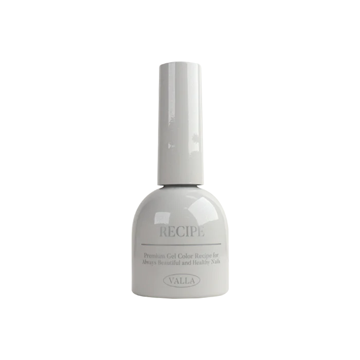 A close-up image of a white bottle labeled "RECIPE" from the VALLA Dewy Collection, showcasing the brand's magnetic gel polish series with a silky smooth cat-eye effect. The product details include 8 shades, a magnetic tool, and a color chart for customization, offering a high-quality nail care experience.