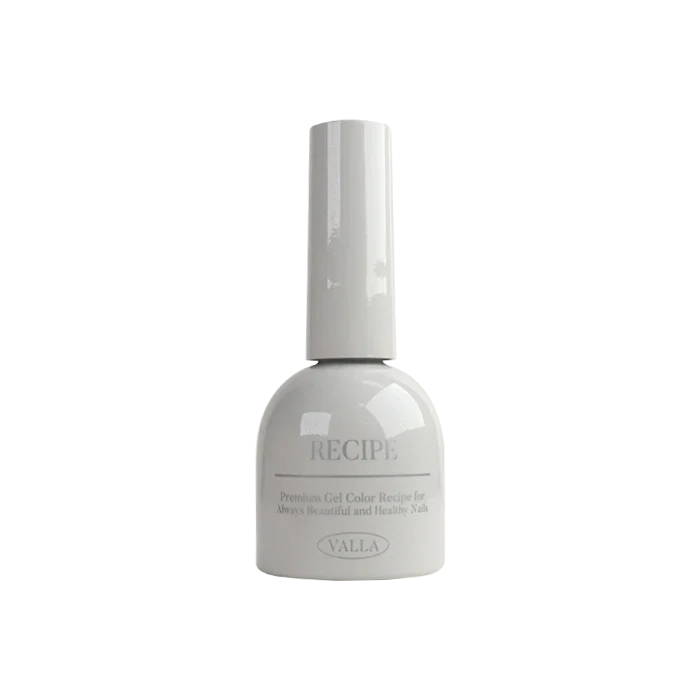 A polished, glossy nail polish bottle in a soft, pastel pink shade, part of the VALLA Dewy Collection. The bottle features a cylindrical design with a smooth, reflective surface, capturing the essence of the brand's "silky effect" and "high quality smooth cat eye" formulation.