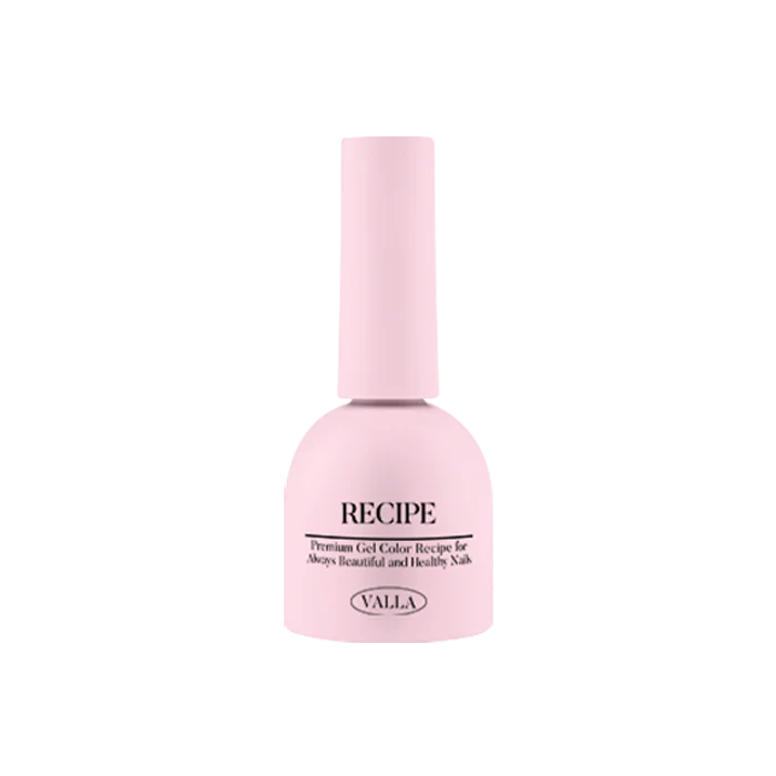 A vibrant and lively VALLA Spring Day Collection nail polish bottle in a soft pastel pink color, featuring the "RECIPE" product name and reflecting the brand's trendy and stylish aesthetic. The image showcases the product's inviting and refreshing spring-inspired design, highlighting its potential to add a touch of warmth and vibrancy to any look.