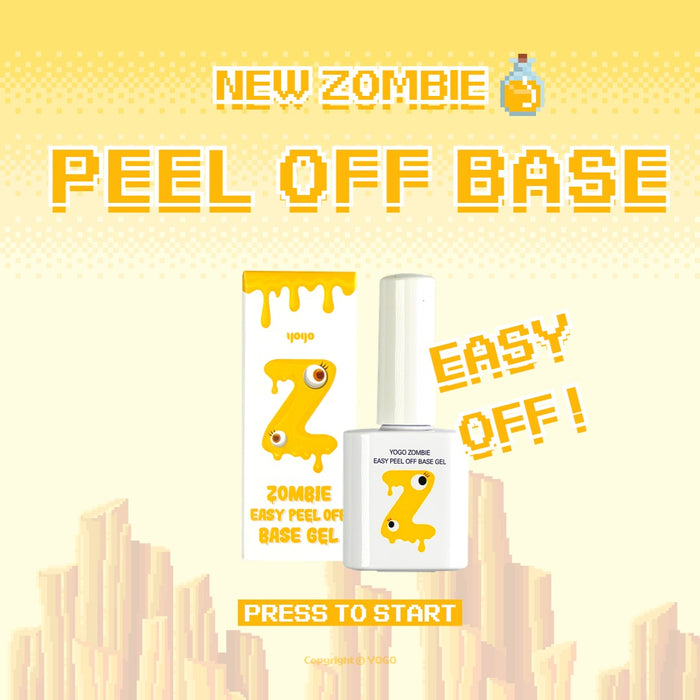 YOGO Zombie Easy Peel-Off Base Gel. The image depicts a vibrant and eye-catching product packaging for a nail gel product, featuring a zombie-themed design with bold, pixelated graphics and a clear, glossy bottle showcasing the product itself. The text highlights the key features of the "YOGO Zombie Easy Peel-Off Base Gel," including its medium viscosity, non-wipe, and glassy finish that lasts up to six weeks.