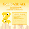 A vibrant, pixelated image showcasing the YOGO Zombie Easy Peel-Off Base Gel, a Shopify product. The gel is described as a beautiful, non-wipe, glassy finish top that can last up to six weeks, with a medium viscosity and a 10ml bottle size. The image features a "HELLO, WORLD" message and branding elements associated with the YOGO brand, including the "No.1 Base Gel" and "No Soak Off" claims.