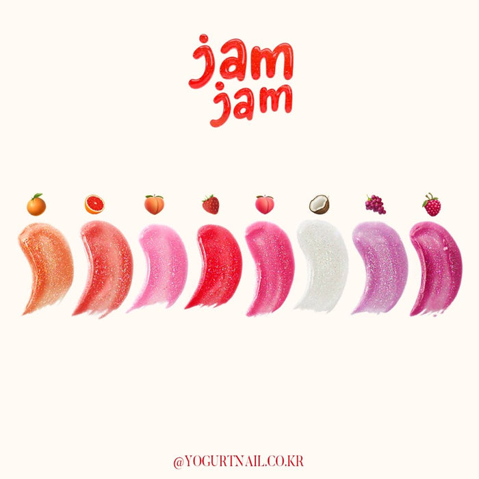 Vibrant and playful collection of fruit-inspired syrup glitter gels in a range of juicy colors, capturing the essence of the YOGURT JAM JAM brand.