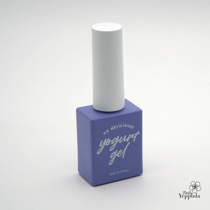 Detailed description of a vibrant purple nail polish bottle with a white cap, showcasing the "Yoppuda" brand name and "Yogurt Gel" product title in a stylish, eye-catching design.