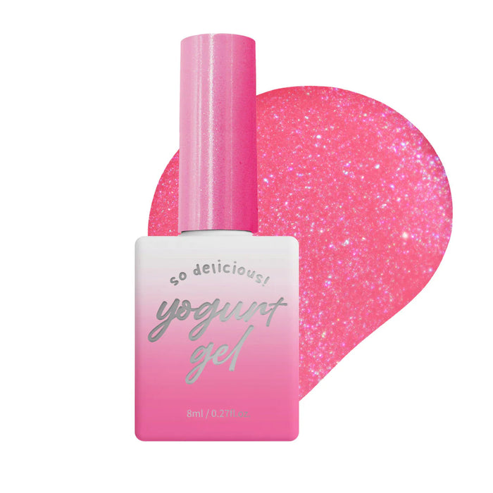 Vibrant and eye-catching Yogurt Jam Jam Collection 8pcs/set product image featuring a pink glitter gel polish bottle with a vivid, syrupy texture and a captivating, lip gloss-like shine. This product showcases the brand's commitment to delivering a delectable, juicy, and sparkling cosmetic experience for the discerning consumer.