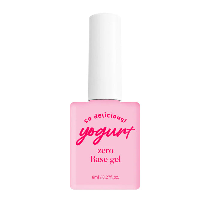 A white bottle of Yogurt Zero Base Gel, a non-discoloring, long-lasting base gel that is non-heating for sensitive nail beds and provides no shrinkage upon application and curing. The gel has a volume of 8g per bottle and requires 60s of UV/LED curing.