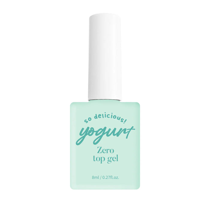 Delightful yogurt-inspired top gel in a minimalist, pastel green-colored bottle. The product description indicates it requires 60 seconds of UV/LED curing time, and the formula may be susceptible to yellowing depending on the lamp used. This alt text highlights the key product details while maintaining an approachable, on-brand tone for the Shopify YOGURT Zero Top Gel.