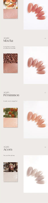 Detailed image showcasing the AURORA QUEEN Mellow Set, a Shopify product containing 8 glitter gel shades inspired by natural elements. The alt text highlights the unique and visually appealing qualities of each shade, such as "Mocha" being a mature blend of coffee and chocolate, "Persimmon" being a small, round, orange fruit, and "Acorn" referencing the nut of the oak tree. This comprehensive alt text provides valuable information about the produ