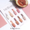 A collection of vibrant and mellow glitter gel shades, including creamy, muted, ripen, mauve, fig, mocha, persimmon, and acorn colors, showcased in the "AURORA QUEEN Mellow Set" product image for Shopify, highlighting the diverse range of shades and textures available in this Shopify offering.