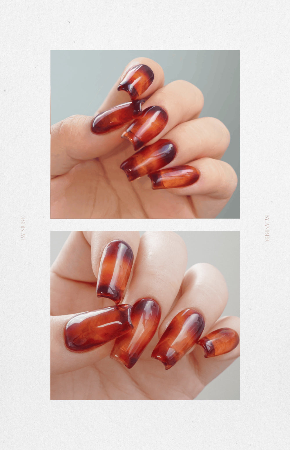 BY MUSE By Amber six-colour gel collection shown in translucent amber nail designs